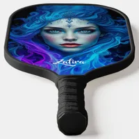 Mystery Woman Emerging from Blue & Purple Flames Pickleball Paddle