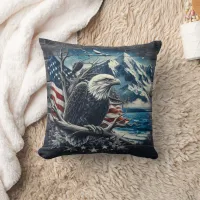 Magnificent Eagle With American Flag and Mountains Throw Pillow