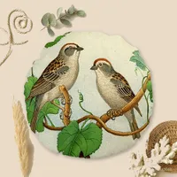 Natural Brown Vintage Botanical Sparrow Round Pillow