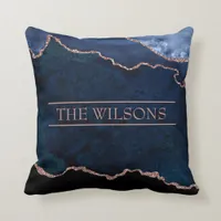 Monogram Midnight Blue Abstract Elegant Marble Throw Pillow