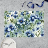 Elegant Watercolor Blue Flowers with Green Leaves Tissue Paper