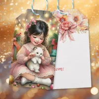 Little Vintage Girl in Pink with Kitten Christmas Gift Tags