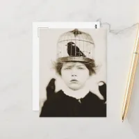 Child With Bird Cage Hat Vintage Photography Postcard