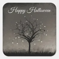 Happy Halloween Black Twinkling Star Tree Square Sticker