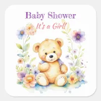 Teddy Bear in Flowers Girl's Baby Shower Square Sticker