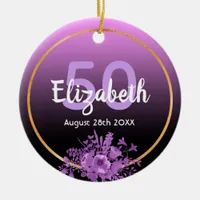 Birthday purple florals monogram name ceramic ornament