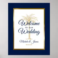 Elegant Navy Blue Gold Palm Tree Wedding Welcome Poster