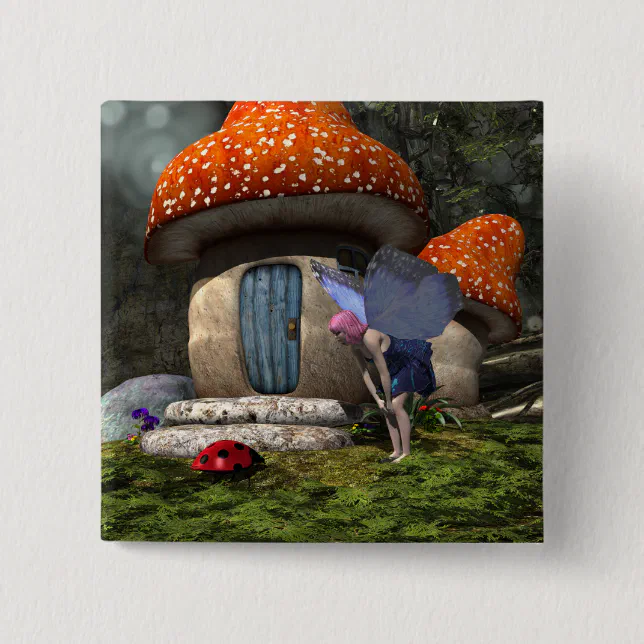 Cute Pink-Haired Fairy Meets Ladybug Button