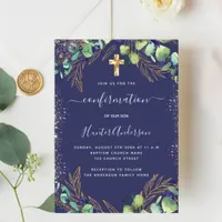 Confirmation eucalyptus greenery navy blue invitation