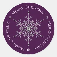 Silver Glitter Snowflake Merry Christmas Purple Classic Round Sticker