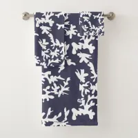 Coral Reef Navy Blue and White Ocean Theme Bath Towel Set