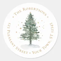 Watercolor Christmas Pine Tree Return Address  Classic Round Sticker