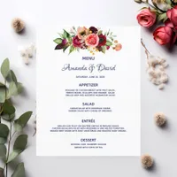Navy blue Wedding Menu florals white burgundy