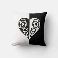 Black &White Filigree Heart Throw Pillow