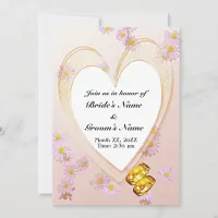 Pink Flowers, Heart Frame, Rings Rehearsal Dinner Invitation