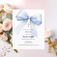 Blue bow boy Baptism invitation