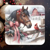 Brown Christmas Horse and Cardinal  Square Sticker