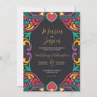 Mexican Black Floral Colorful Fiesta Boda Wedding Invitation