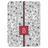 Hand Drawn Floral White Black Pattern and Monogram iPad Air Cover