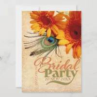 Grunge Summer Peacock feather Bridal Party Invite