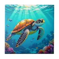 Sea Turtle Vibrant Ocean Illustration Ceramic Tile