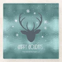 Deer Antlers Silhouette & Snowflakes Teal ID861 Glass Coaster