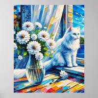 White Cat in Window sill Looking out at the Ocean Poster