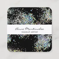 Elegant Black with Silver Faux Glitter  Square Business Card