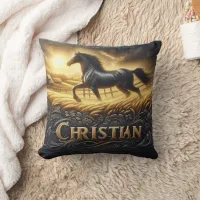 Majestic Black Horse Galloping at Sunrise Throw Pillow