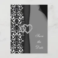 Black and White Damask FAUX ribbon diamante design Announcement Postcard