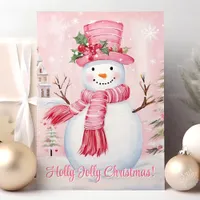 Holly Jolly Christmas Cute Pink Snowman Holiday Card