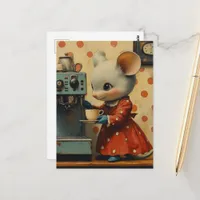Cute Gray Mouse Makes Coffee Postcard