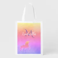 Unicorn pink purple monogram reusable grocery bag