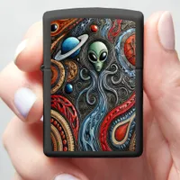 Extraterrestrial Encounter in a Colorful Cosmos Zippo Lighter