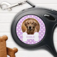 Lavender Polka Dot Paw Print Dog Bone Pet Photo Retractable Pet Leash