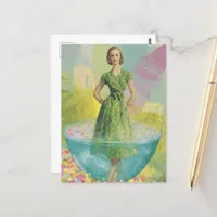 Retro Woman in Tiny Glass Surreal Postcard