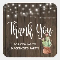 Rustic String Lights on Wood Cactus Thank You Square Sticker