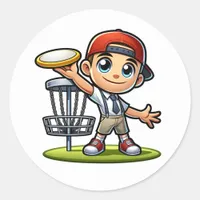 Cute Little Boy Playing Disc Golf Classic Round Sticker