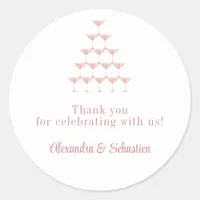 Elegant Pink Rose Champagne Tower Script Wedding Classic Round Sticker