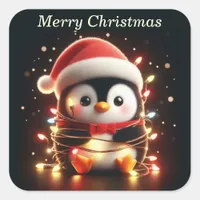 Cute Penguin Wrapped in Christmas Lights Square Sticker