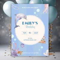 Ocean World Blue Dolphin Kids Birthday Party Invitation