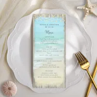 Aqua Blue Beach Rustic Wood String Lights Wedding Menu