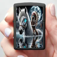 Native Indian Rider Beside Horse in Moonlight Zippo Lighter