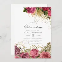 Pink and Gold Vintage Floral Quinceañera Invitation