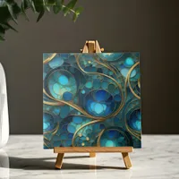 Deep Blue and Turquoise Waves with Gold Swirls Ceramic Tile