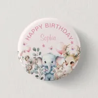 Cute Watercolor Wild Animals Pink Girl Birthday Button