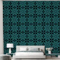 Large Circles And Geometric Flowers Black And Aqua Wallpaper