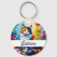 Pretty Colorful Impasto Cat and Flowers Keychain