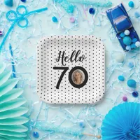 Hello 70 Black & White Dots Photo Birthday Paper Plates