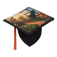 Windmill in Dutch Countryside by River with Tulips Graduation Cap Topper